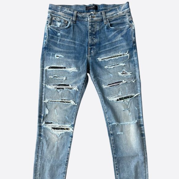 Amiri Clay Indigo Rainbow Bandana Patch Thrasher Jeans - Picture 1 of 7
